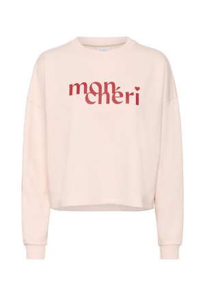 Lyserød sweatshirt med afslappet pasform, rund hals og lange ærmer. Har "mon chéri" trykt i rødt tværs over fronten. Blød tekstur.