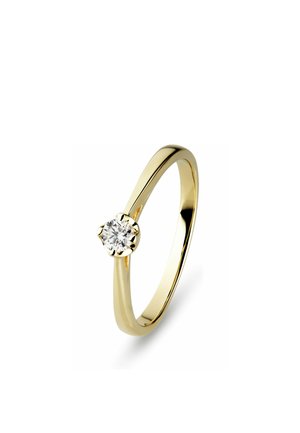 Goldener Ring mit einem einzelnen rundgeschliffenen Diamanten in einer sechszinkigen Fassung auf einem polierten, schlanken Band vor weißem Hintergrund.