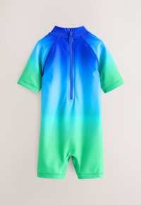 Muta a maniche corte con sfumatura blu e verde, caratterizzata da un colletto alto e una cerniera posteriore, realizzata in materiale liscio ed elastico.