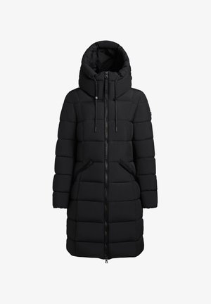 Čierna prešívaná bunda s predným zipsom a veľkou kapucňou. Má prešívané sekcie a bočné vrecká so zipsom. Mäkká, hladká látka.