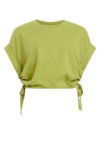 Světle zelený krátký rukávový crop top s ohrnutými rukávy a postranními vázáními, které vytvářejí shromážděný, nastavitelný střih.