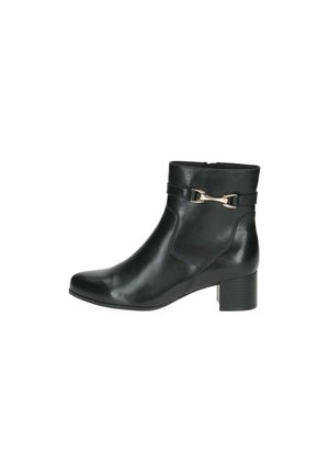 Black leather ankle boot with a rounded toe, low block heel, side buckle detail, and smooth texture.
