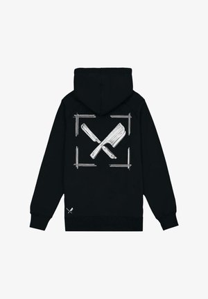 Zwarte hoodie met een grote witte afbeelding van gekruiste messen op de achterkant, omlijst door vier horizontale lijnen, met geribbelde manchetten en zoom.