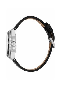 Orologio in acciaio inox con cinturino in gomma nera e rivestimento in pelle marrone. Presenta una lunetta lucidata e una corona in cristallo trasparente.