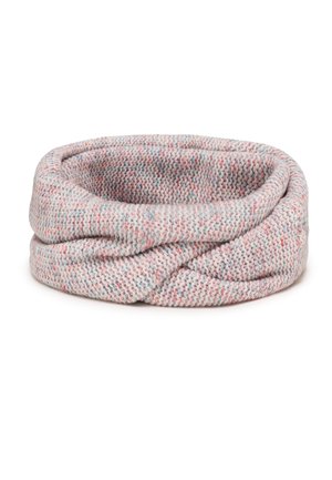 Cesta de punto en un suave gris con motitas multicolores de rosa y azul, que presenta una forma redondeada y texturizada y un diseño acogedor y flexible.