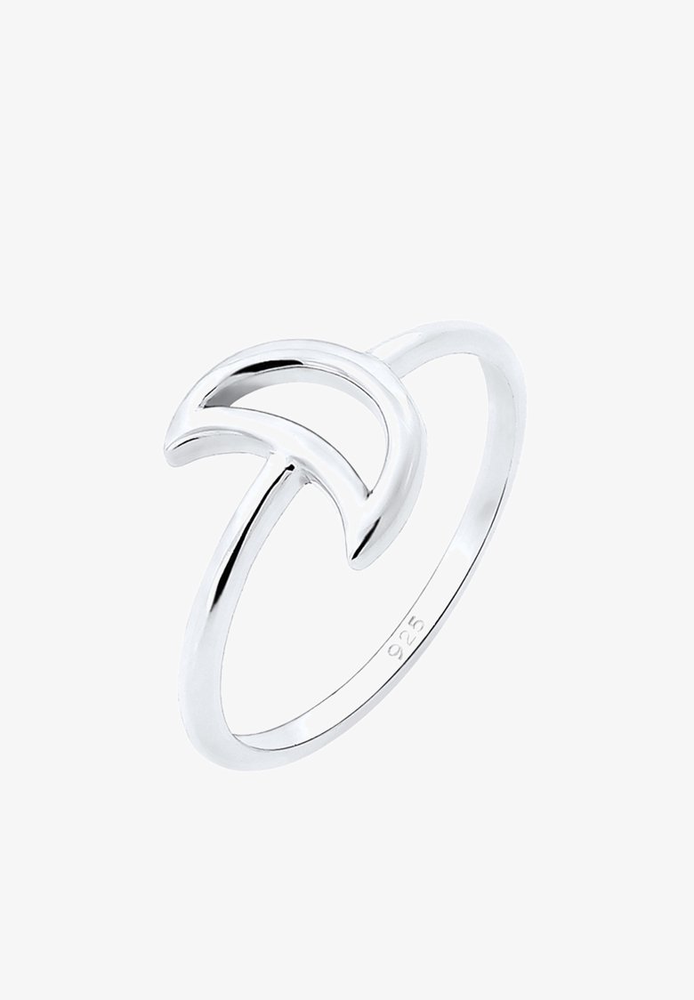 Bague ouverte en argent sterling avec un design minimaliste de croissant de lune et poinçon "925" à l'intérieur de l'anneau.