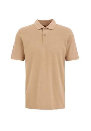 Beige cotton polo shirt with a collar and three buttons, short sleeves, straight hem, and a smooth texture.