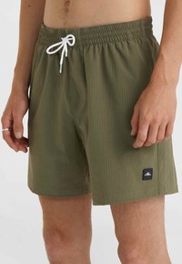 Shorts de bain vert olive avec des rayures verticales, taille élastique, cordon de serrage blanc, poche latérale et étiquette de marque noire sur l'ourlet.