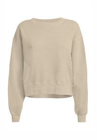 Sudadera corta beige con mangas largas, cuello acanalado y bolsillos laterales. Textura suave con costuras visibles.