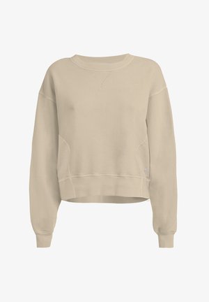 Sweat-shirt beige court avec manches longues, col côtelé et poches latérales. Texture lisse avec des accents de couture visibles.