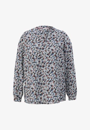 Fließende Bluse mit langen Ärmeln aus dunklem Stoff, mit einem weißen, blauen und roten Blättermuster. V-Ausschnitt-Design mit gerafften Manschetten und lockerer Passform.