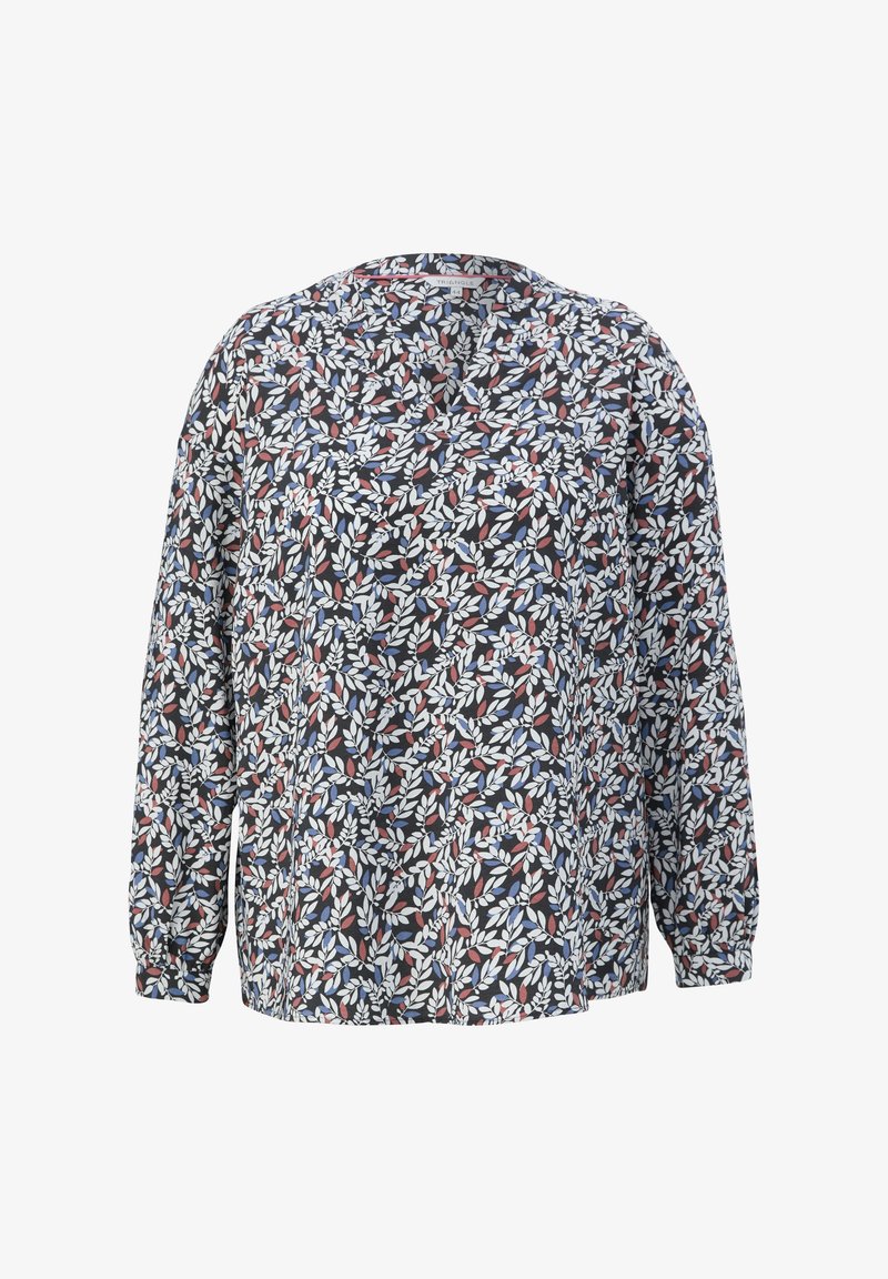 Voľná blúzka s dlhým rukávom v tmavom látke, ktorá má biely, modrý a červený vzor listov. Dizajn s výstrihom do V, so zhrnutými manžetami a voľným strihom.