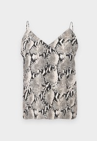 Αμάνικο τοπ V με λεπτές τιράντες, διακοσμημένο με μοτίβο δερματίδας φιδιού σε μαύρο και μπεζ χρώμα σε ανοιχτό φόντο.