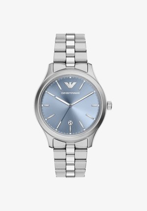 Orologio in acciaio inox argento con quadrante azzurro chiaro, corona, indicatore della data e eleganti indici orari su cinturino a maglie.