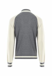 Grauer und cremiger Pullover mit gerippter Textur, kontrastierenden Ärmeln und gestreiften Bündchen. Verfügt über einen Stehkragen und eine taillierte Passform.