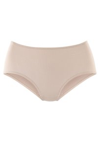 Beige high-waisted panties made of smooth fabric, featuring a seamless design and soft waistband for comfort. No visible patterns or accents.