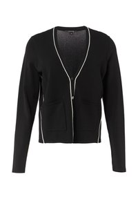 Schwarze Strickjacke mit V-Ausschnitt, weißen Besätzen entlang der Kanten, zwei vorderen Taschen und einem einzigen Knopfverschluss. Hergestellt aus weichem, strukturiertem Stoff.