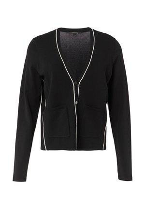 Zwarte cardigan met een V-hals, witte rand langs de randen, twee voorzakken en een enkele knoopsluiting. Gemaakt van zachte, textuurstof.