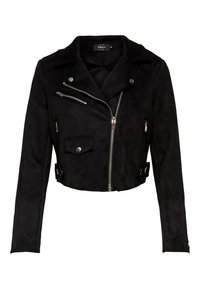 Zwarte cropped jas gemaakt van gestructureerd suède materiaal. Kenmerkt zich door zilveren ritsen, drukknopen, twee voorzakken en een gesneden kraagontwerp.