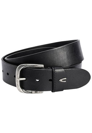 Ceinture en cuir noir avec une boucle en métal argenté, dotée de plusieurs trous, texture lisse et design plié montrant sa flexibilité.