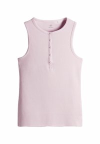 Lavendelfärgad ribbad tanktopp med rund halsringning och sex knappar. Slät struktur och ärmlös design för enkelt användande.
