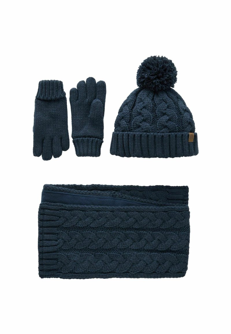 Mörkblå stickad mössa med pom-pom, handskar och halsduk. Har flätad textur och ribbad mudd. Mjuk, varm tyg för kallt väder.