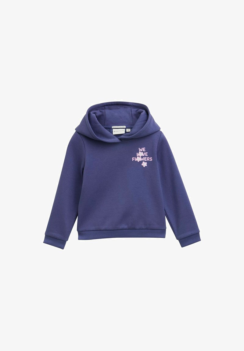 Felpa per bambini di colore viola con la scritta frontale "Amiamo i fiori" e piccole grafiche di fiori rosa sul petto, dotata di cappuccio e polsini a costine.