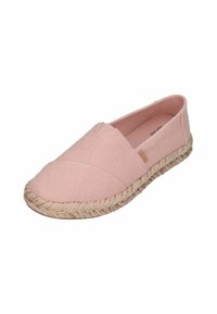 Roze canvas espadrille instap-schoen met een ronde neus, geweven jute zool en stiksels langs de bovenkant en de randen van de zool.