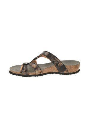 Women's brown floral patterned cork wedge sandal with adjustable double straps and a silver button detail.