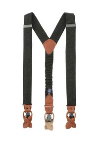 Graue Stoffträger mit braunen Lederakzenten, ausgestattet mit verstellbaren Clips und einem strukturierten elastischen Abschnitt für Flexibilität.