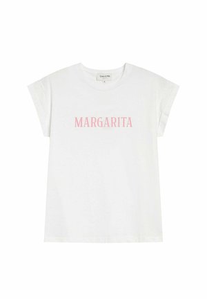 T-shirt blanc en coton avec des manches courtes retroussées. Caractérisé par le mot "MARGARITA" imprimé en rose clair sur la poitrine.
