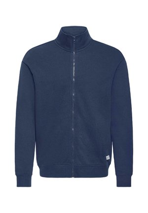 Marineblauer Reißverschluss-Sweatshirt mit hohem Kragen, gerippten Bündchen und Saum, aus weichem Material gefertigt. Verfügt über ein kleines Logo-Patch am unteren Rand.