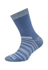 Calzino in misto cotone blu con risvolto a coste, caratterizzato da un motivo a righe sfumate e tallone solido. Include il logo nell'area delle punte.