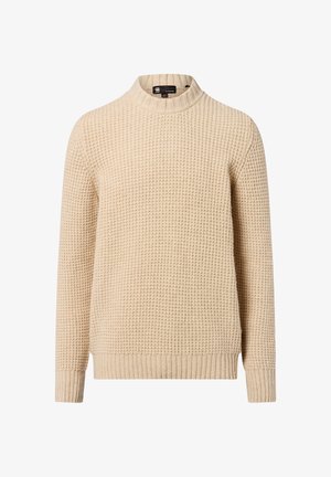 Beige textured sweater with a high neck, ribbed cuffs, and hem. Material features a woven pattern, offering a cozy appearance and fit.