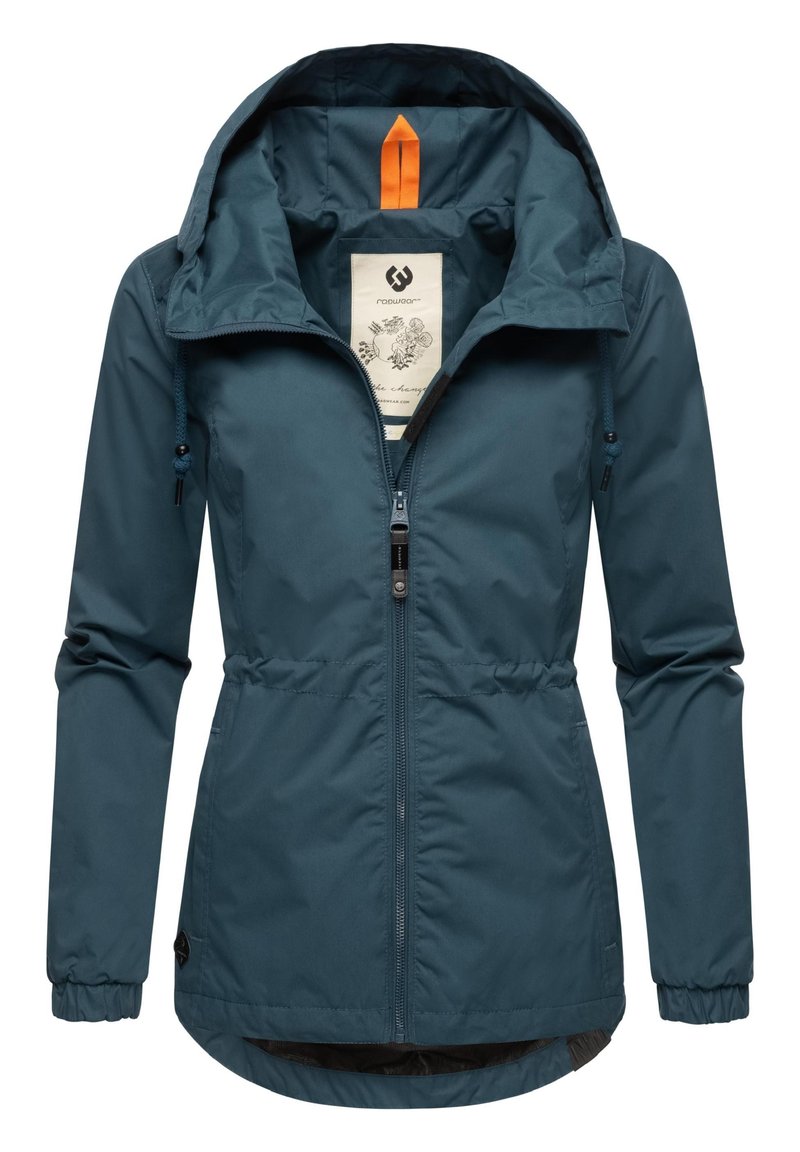 Blauwturquoise windbreaker jas met een ritssluiting aan de voorkant, verstelbare capuchon, elastische manchetten en een taillekoord. Inclusief binnenetiket en contrasterende accenten.