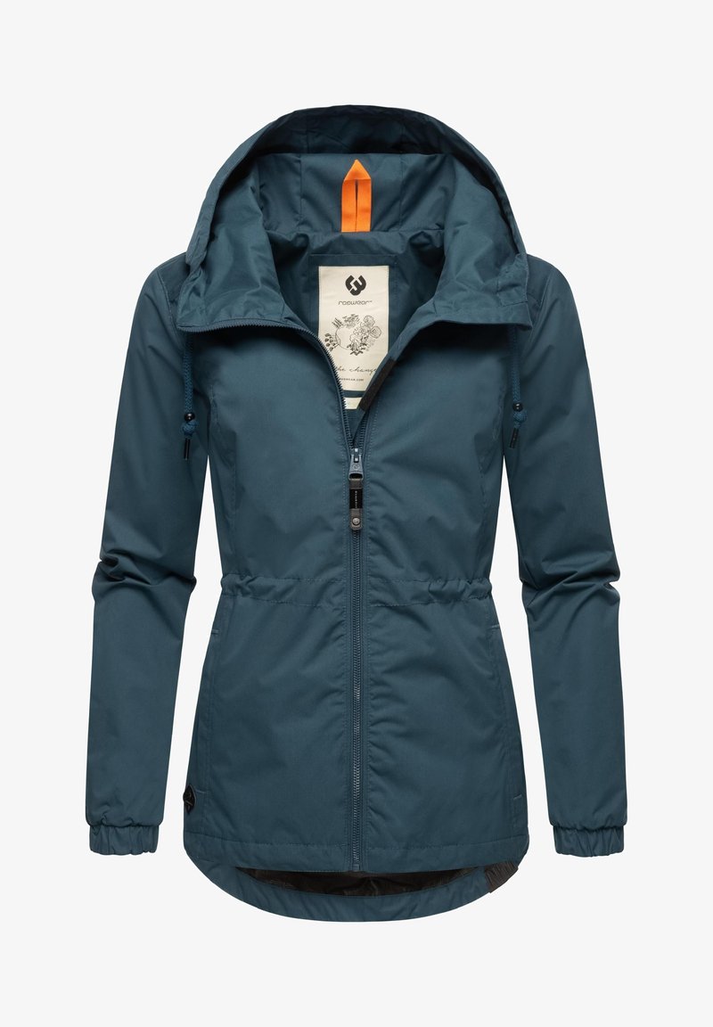 Blauwturquoise windbreaker jas met een ritssluiting aan de voorkant, verstelbare capuchon, elastische manchetten en een taillekoord. Inclusief binnenetiket en contrasterende accenten.