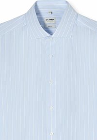 Light blue men's button-up dress shirt with thin vertical white stripes, spread collar, and "Olymp Level 5 Five Body Fit" label inside collar.