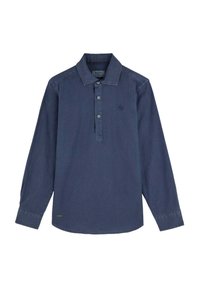 Marineblaue Langarmbluse aus Baumwollmaterial mit Button-Down-Kragen, Knopfleiste und gesticktem Logo auf der linken Brust. Glatte Textur, minimalistisches Design.