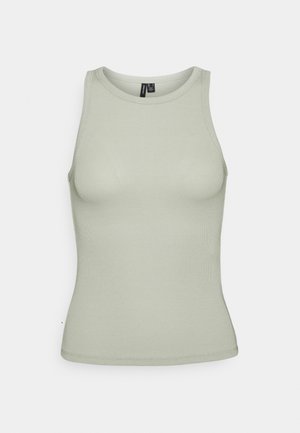 Débardeur côtelé vert clair avec un col rond et un design sans manches. Fabriqué dans un matériau extensible pour un look ajusté.