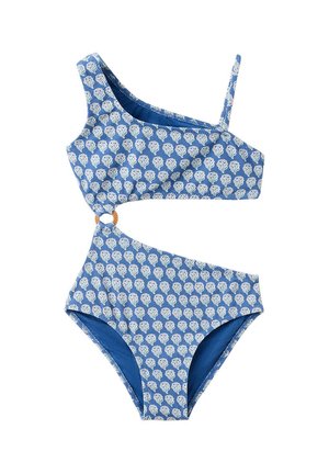 Maillot de bain une pièce bleu à motifs avec des motifs de coquillages blancs, bretelles asymétriques et une découpe latérale reliée par un petit anneau.