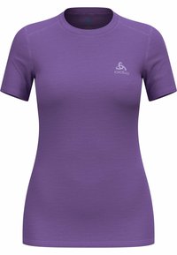 Purple short-sleeve shirt made of smooth fabric, featuring a crew neck and a subtle logo in a lighter shade on the chest.