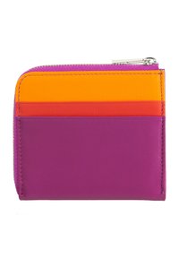Billetera de cuero púrpura con rayas horizontales en naranja, amarillo y rojo. Cuenta con un cierre de cremallera y una textura suave. Diseño compacto y rectangular.