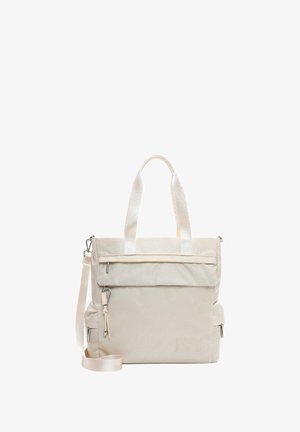 Beige textschoen tas met dubbele handvatten, verstelbare schouderband, voorzak met rits en zijvak voor gemakkelijke toegang.