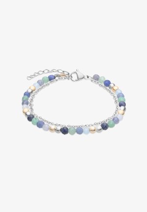 Silbernes Doppelkettenarmband mit facettierten blauen, grünen und goldenen Perlen, ausgestattet mit einem Karabinerverschluss und einer verstellbaren Kette.