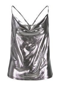 Camisola argentata metallica con sottili spalline regolabili, design drappeggiato e texture liscia e lucida, con un leggero scollo a cascata.