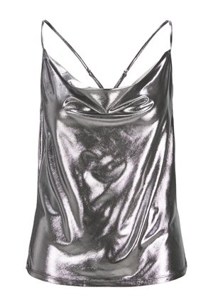 Camisola argentata metallica con sottili spalline regolabili, design drappeggiato e texture liscia e lucida, con un leggero scollo a cascata.