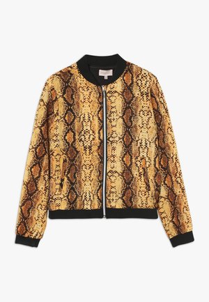 Kurtka na zamek z długim rękawem o wzorze w brązowe i żółte węże, z czarnym kołnierzem, mankietami i paskiem na dole, kieszeniami z przodu oraz srebrnym zamkiem.