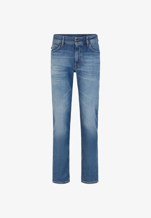 Jasnoniebieskie dżinsy o prostym kroju, z pięcioma kieszeniami, z zapięciem na guzik i delikatnym przetarciem na tkaninie.