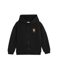 Felpa cappuccio nera con chiusura zip realizzata in tessuto misto cotone. Presenta una tasca anteriore a marsupio e un motivo ricamato di una volpe con il testo "wild life".