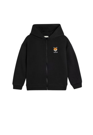 Zwarte rits-hoodie gemaakt van een katoenmix. Bevat een voorste kangoeroezak en een geborduurd vosmotief met de tekst "wild life".